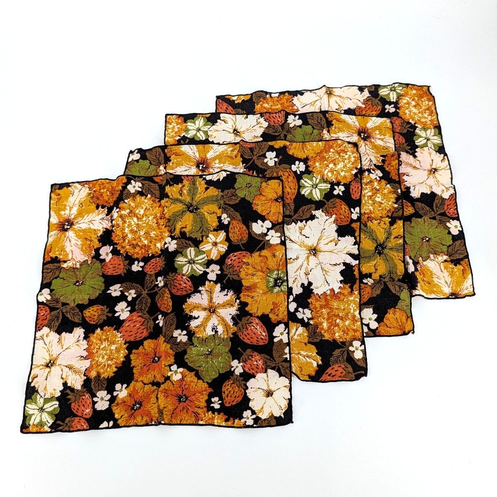 Vintage MCM Linen Napkins Set 4 70s Floral Strawberry Print Mustard Orange 15"